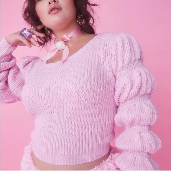 Sugar Thrillz miss charming Pink bubble sleeve Cropped Sweater size XS - Picture 2 of 8